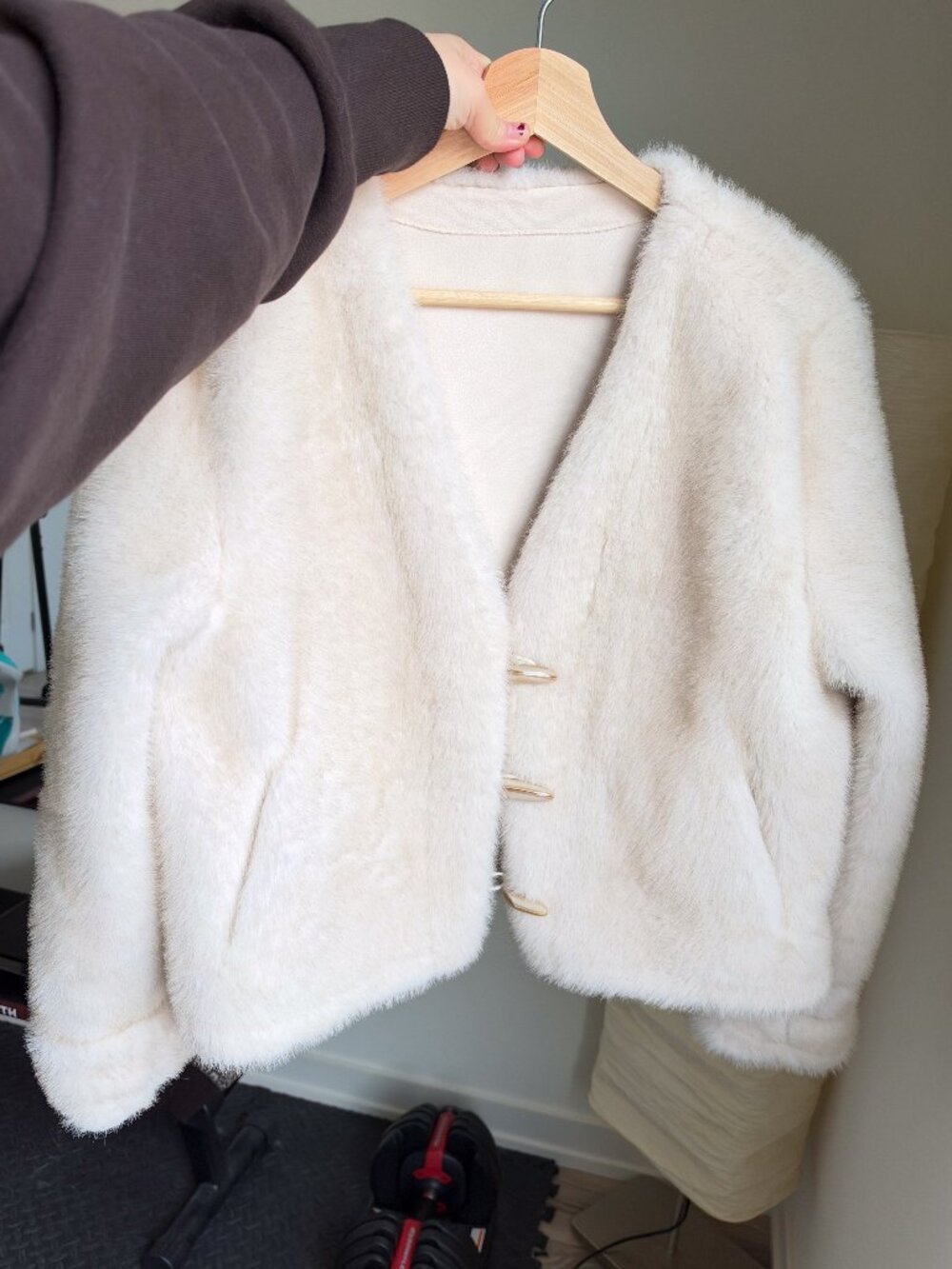 Ivory Plush Faux Fur Short Jacket V-Neck | Toggle Closure | One size
